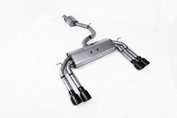 Milltek Sport Sportauspuff passend für Audi S3 2.0 quattro Saloon & Cabrion 8V.2 ohne Klappen - gedämpft (resonated) - schwarze runde Endrohre